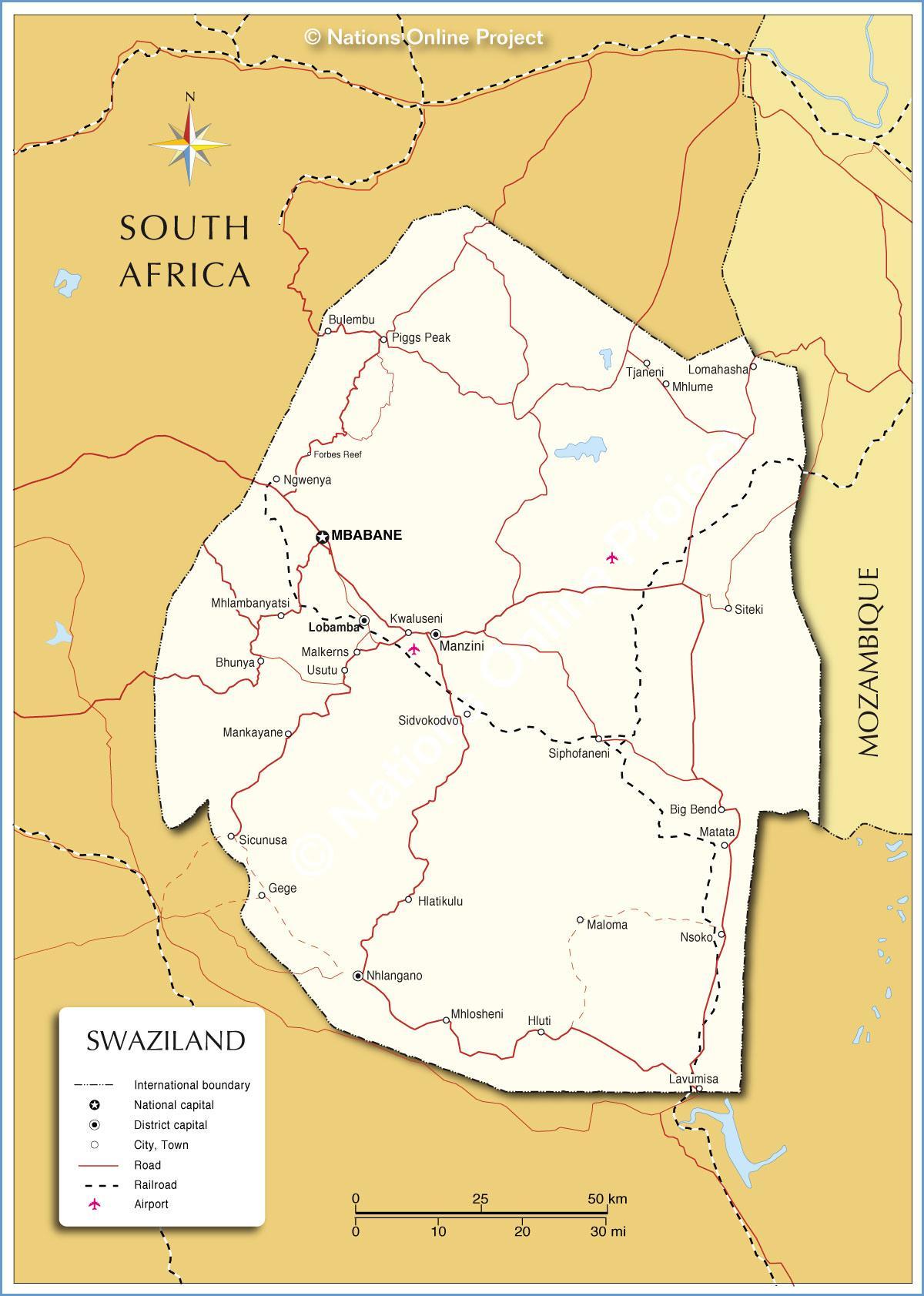 Kartta Swazimaa kaupungeissa